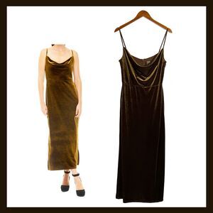 Taylor Velvet Cowl Neck Maxi Dress Olive Green Size 10 Side Slits Evening Gown
